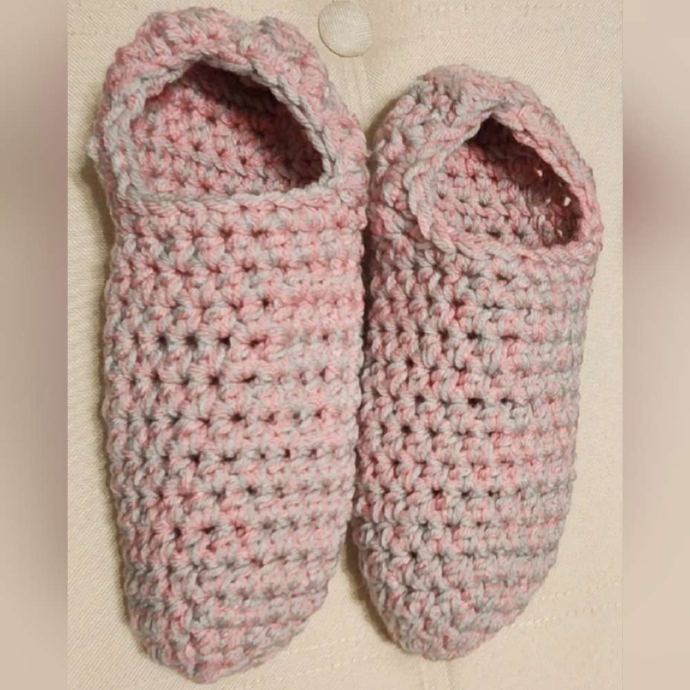 Crocheted Cozy Slippers  Pink and Gray Size 7-8